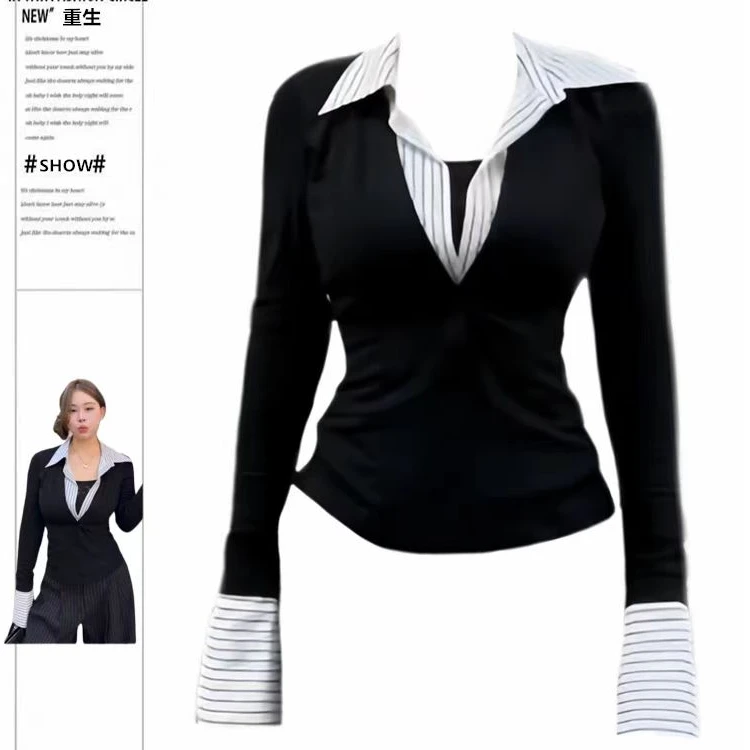 大码微胖MM假两件拼接长袖早春冬2025新款修身显瘦内搭上衣9012