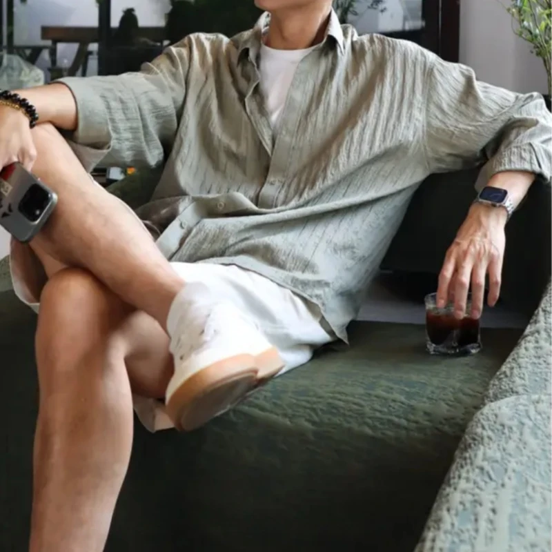 夏季2025新款莱赛尔天丝轻薄款肌理竖纹衬衫精密混纺百搭衬衣男