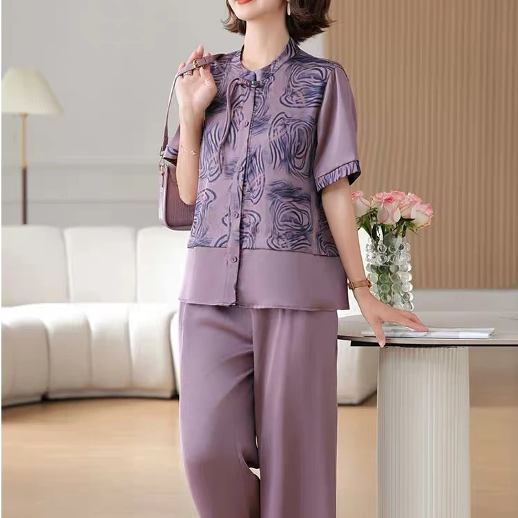 中年妈妈冰丝洋气上衣阔腿裤套装女中老年婆婆夏季显瘦宽松两件套