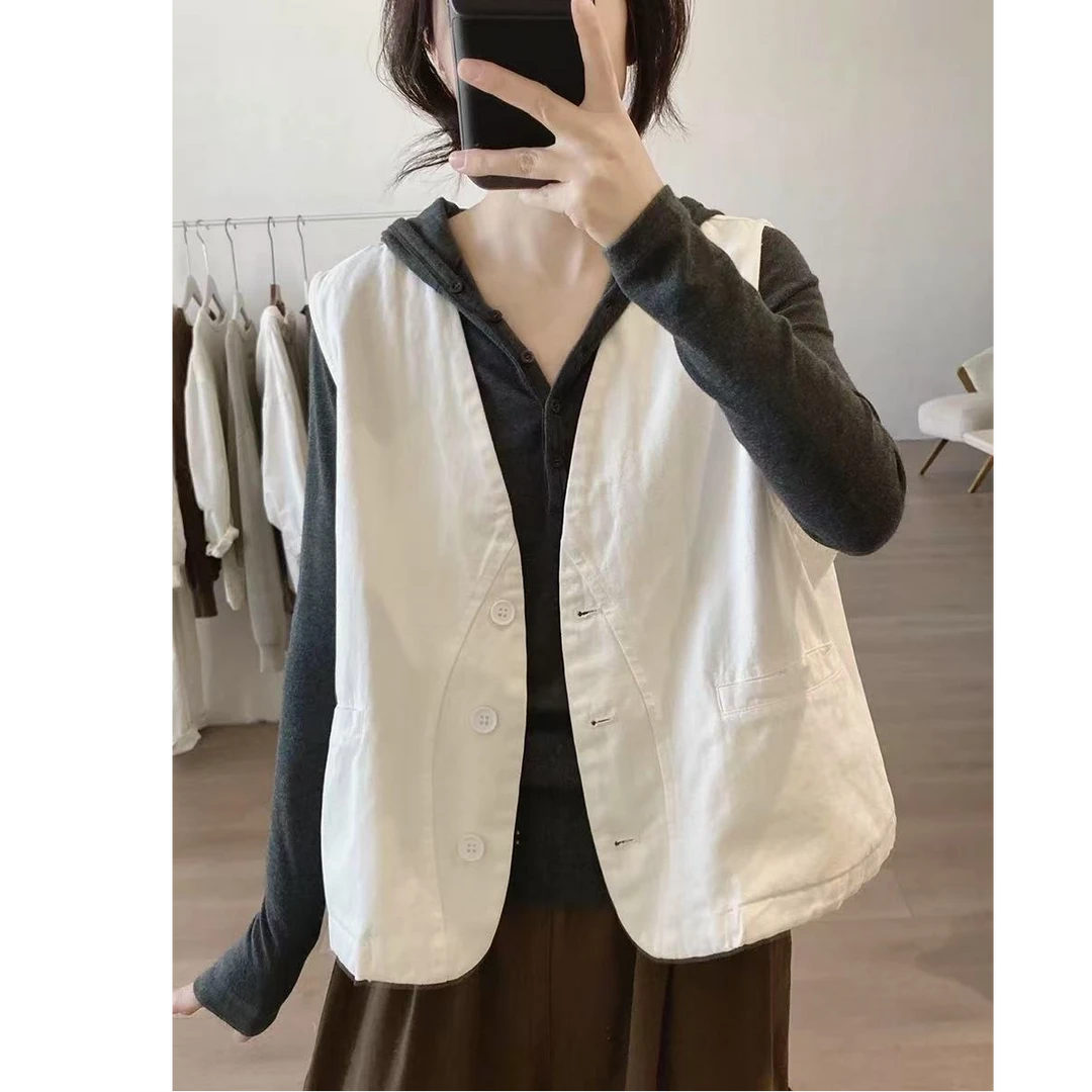 棉质马夹外套女士春秋季新款宽松显瘦v领简约小众设计感工装背心