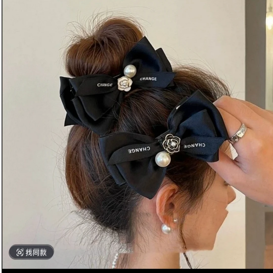 山茶花珠珠蝴蝶结网红爆款夹子黑色大号发卡头饰夹丸子头发夹8126