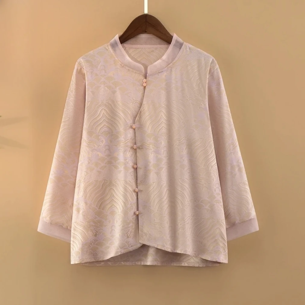 N150【锦悦】夏季新中式上衣小衫女装国风提花薄款长袖女士立领衬衫