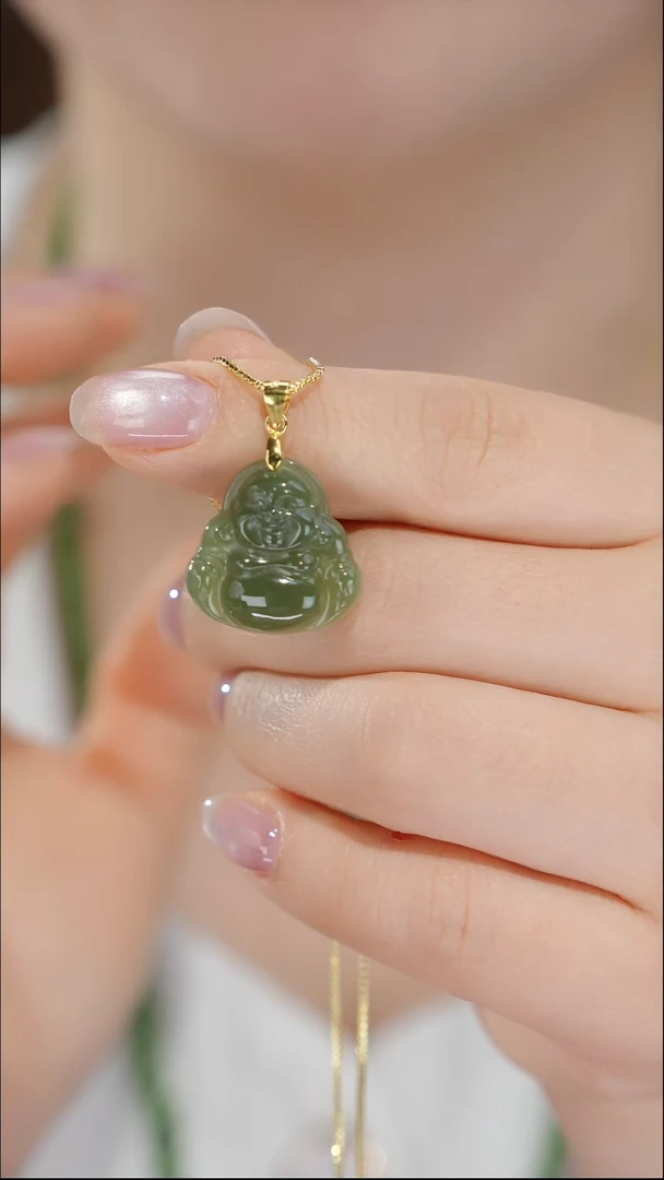 吊坠(赠链)银S925镶嵌和田玉（青玉）开怀玉佛 /多样性发 /TGD008