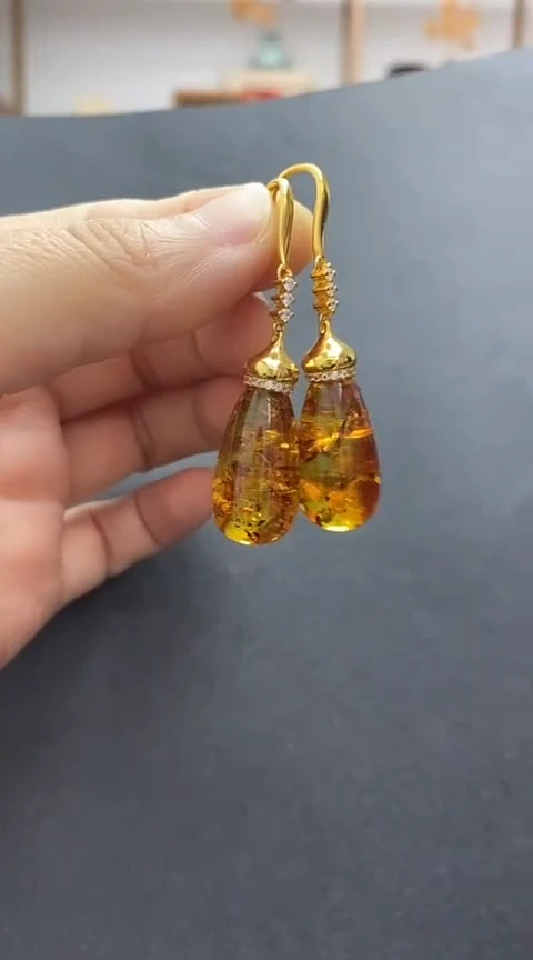 未镶嵌琥珀裸石花珀耳坠