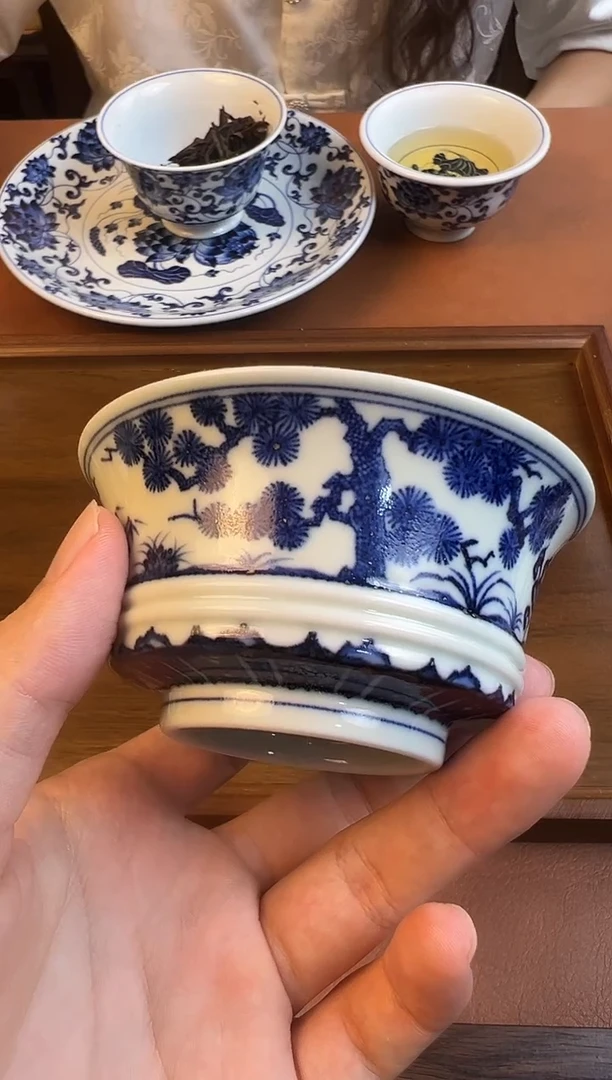问青坊纯手工手绘青花松竹梅柴窑马蹄杯