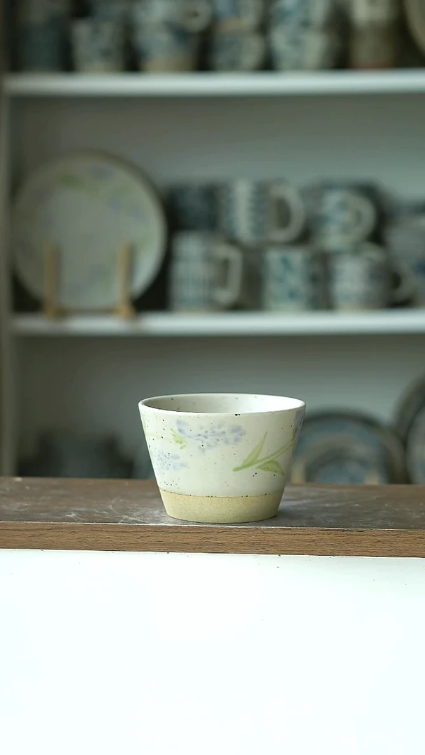 粗陶手作手绘薰衣草220ml猪口杯@4-2@