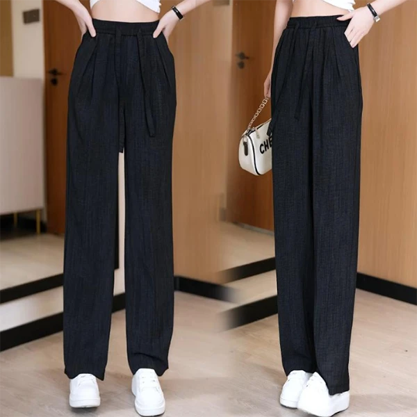 冰丝阔腿裤女夏季2025年新款高腰抽绳纯黑慵懒美式休闲拖地裤子