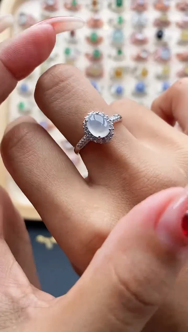 【闪购商品】翡翠戒指银S925镶嵌缅甸天然A货翡翠444 1+1