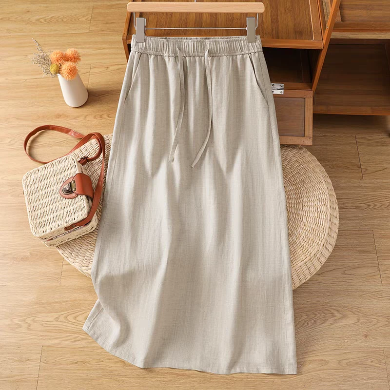 莱赛尔天丝亚麻半身裙女2025夏季轻薄透气宽松显瘦开叉直筒中长裙