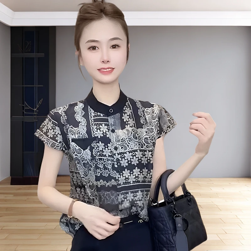 艾纽扣短袖碎花轻职风不起球衬衫夏季衬衣立领女士休闲女装显瘦