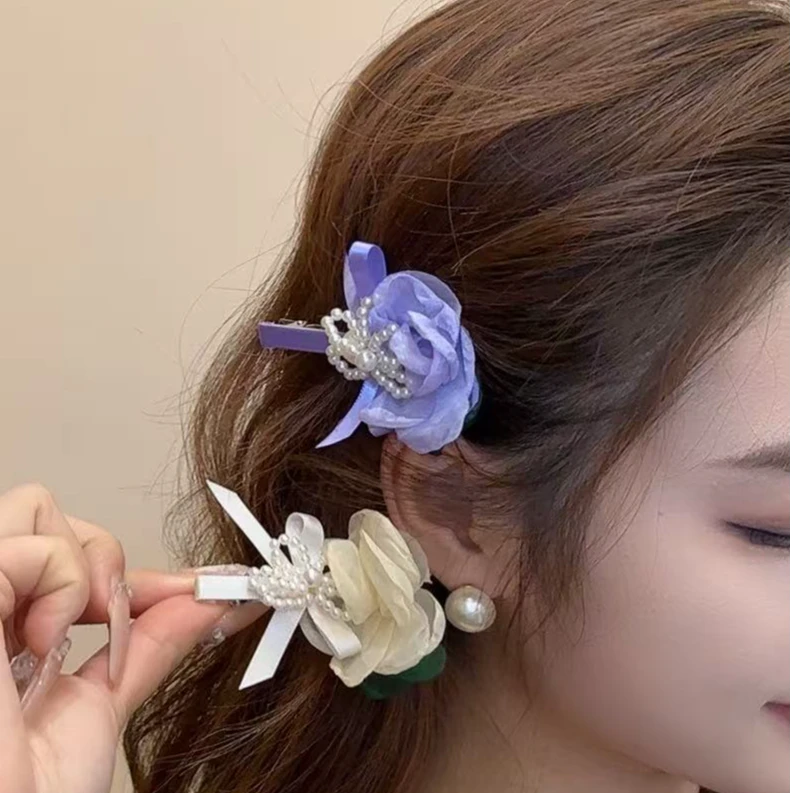 边夹侧夹高级感花朵鸭嘴夹手工烧花串珠蝴蝶结一字发夹B35