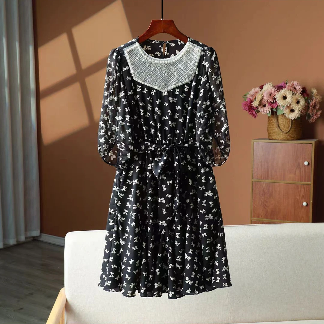 珍珠圆领重工钉珠时尚松紧收腰带腰带中长裙5880(C10-4）