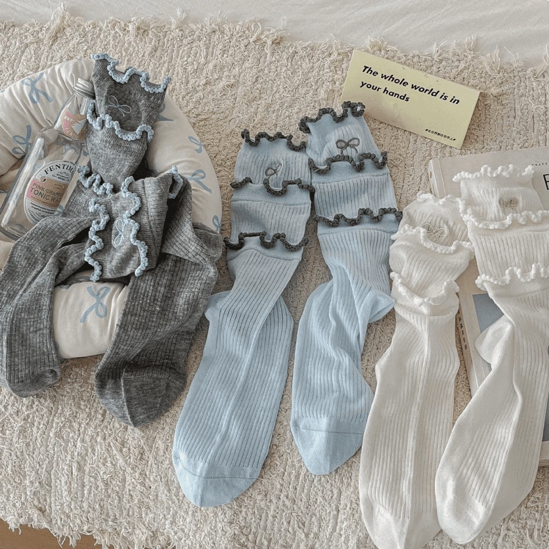 韩系蛋糕花边棉袜子女春夏薄款透气中筒袜女生公主白色堆堆长袜