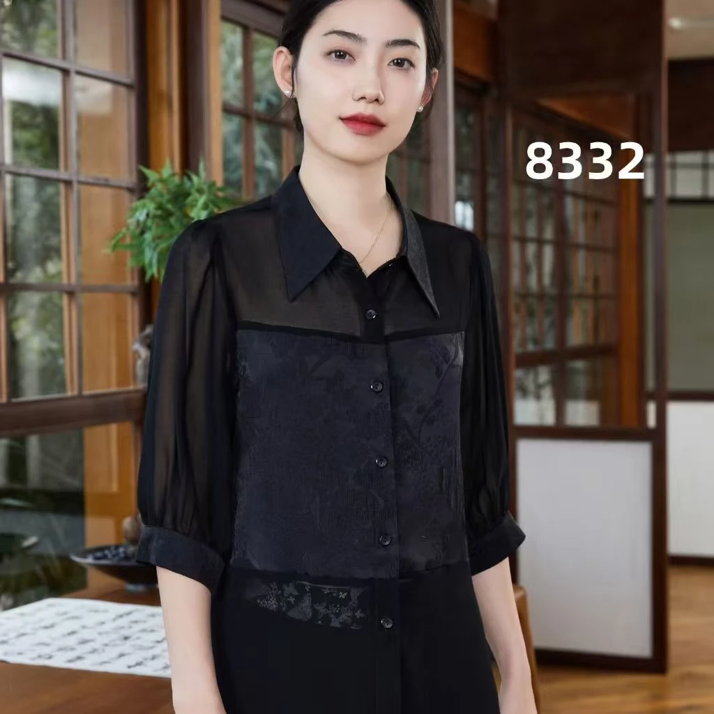 YX8332（聚水潭）常规款春季衬衫小衫黑色休闲上衣春夏女士丝丝衣