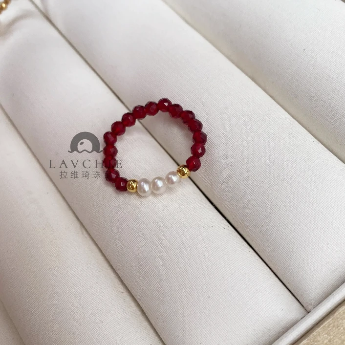 【新年红】拉维琦3-4mm天然淡水珍珠戒指弹力绳