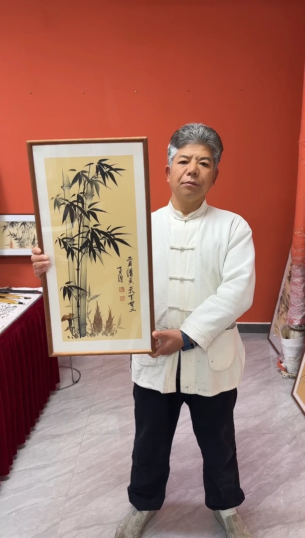 书法张富民手绘作品/二月清风//古宣（乌檀木外框）35*70cm左右