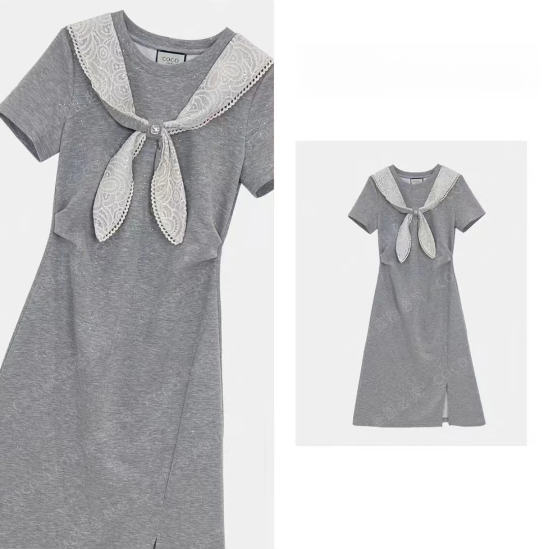 A198【103-107】灰色连衣裙2025夏新款蕾丝蝴蝶结收腰显瘦中长裙子