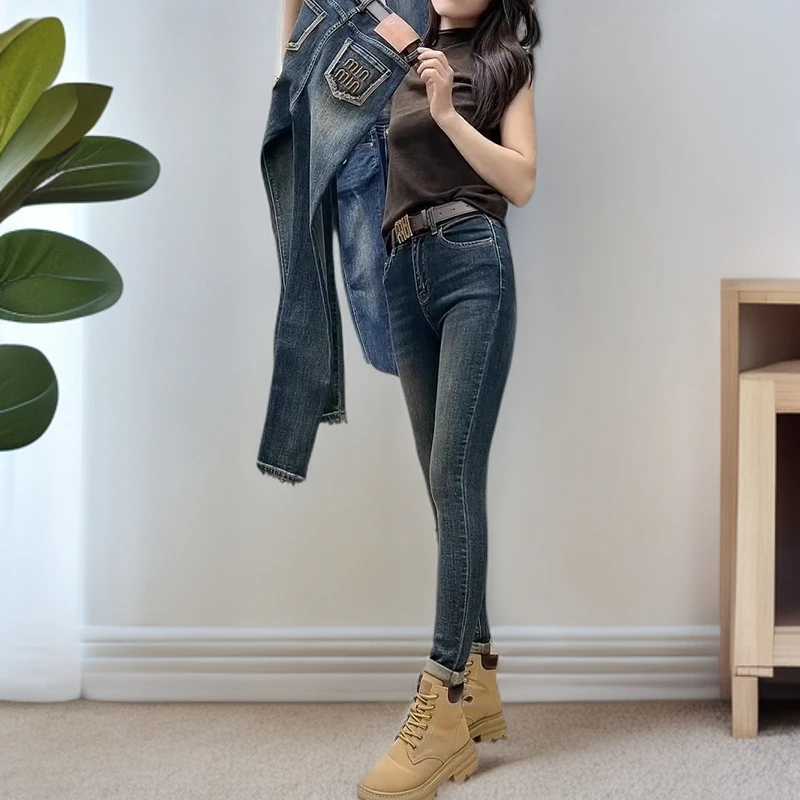 2025秋季新款弹力修身直筒小脚牛仔裤女款百搭复古高腰九分铅笔裤