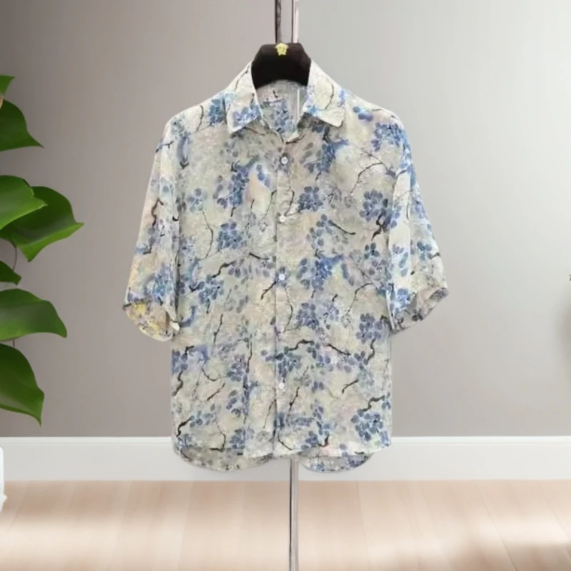 吉伦略索夏季高档男士碎花提花衬衫宽松时尚潮流百搭帅气短袖开衫