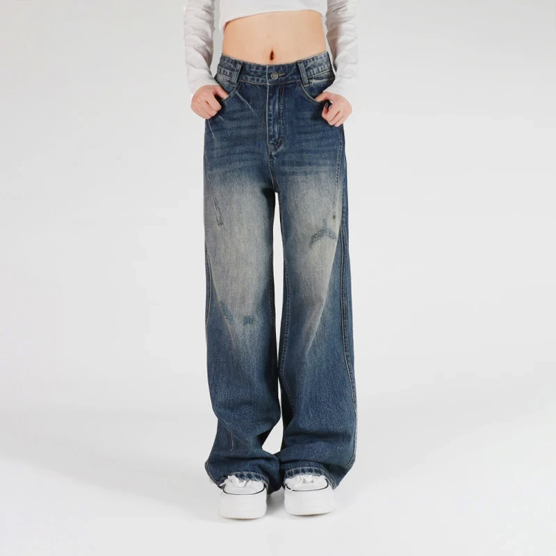 美式重工洗水做旧牛仔裤女2026春季新款宽松直筒裤显瘦窄版阔腿裤