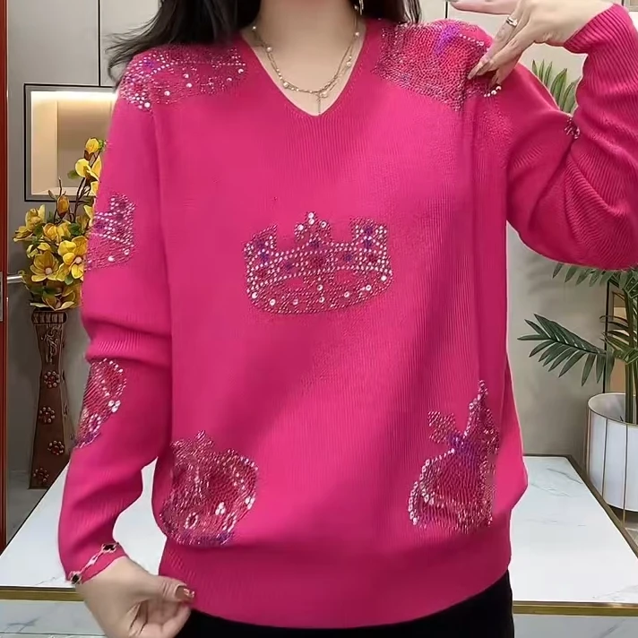 百搭烫钻宽松中老年妈妈装2025新款春季休闲加厚款保暖打底针织衫