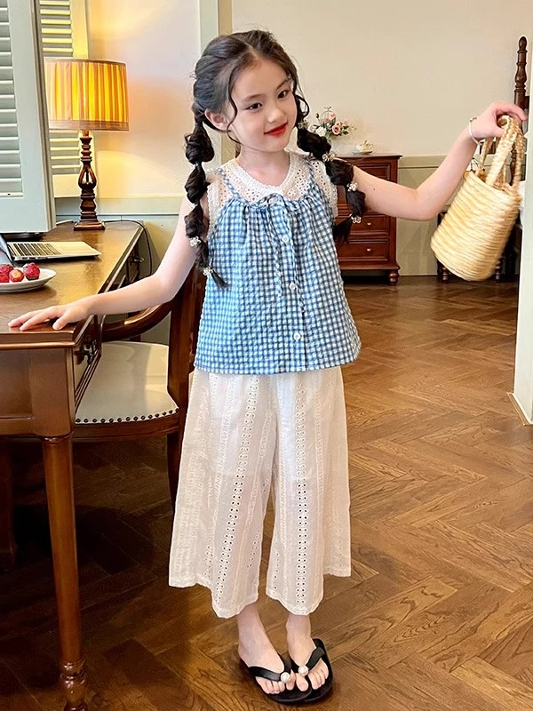 童装女童时髦套装夏季2025儿童宝宝撞色刺绣蕾丝拼接假两件上衣潮