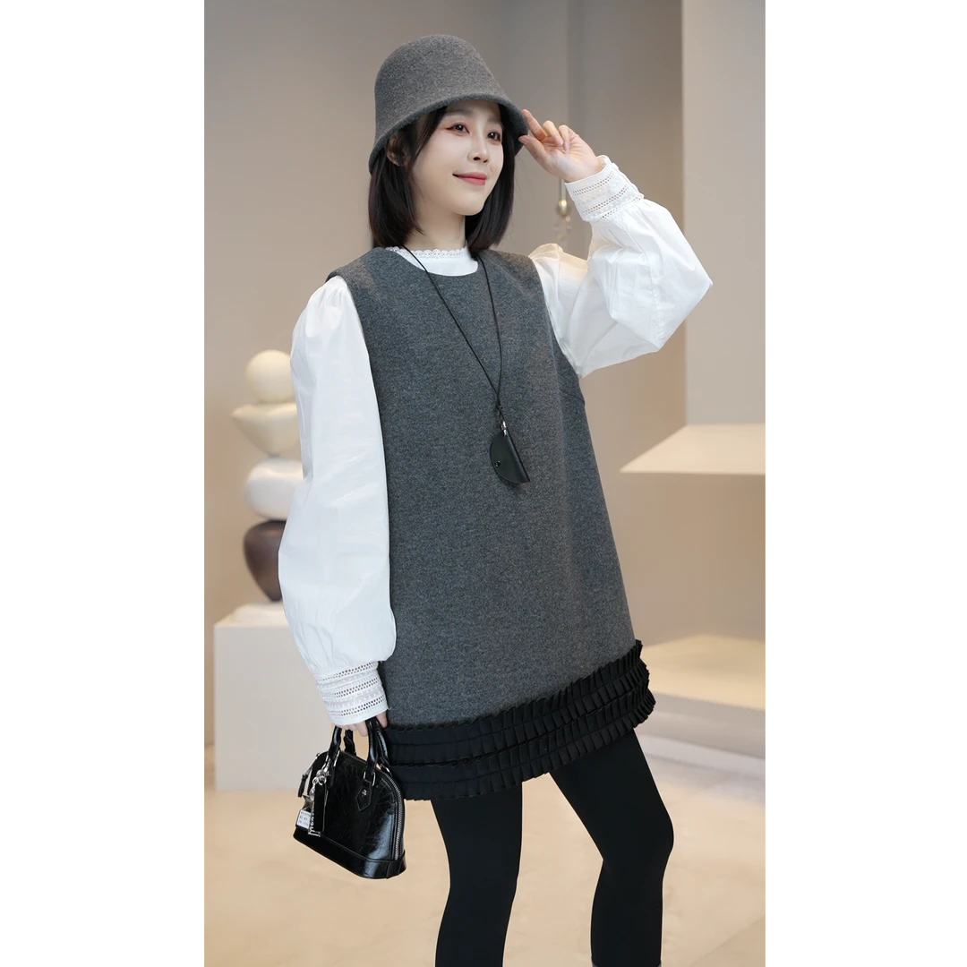 1.1【YUE YUE】蕾丝拼接白色衬衫宽松压褶花边下摆马甲两件套W974