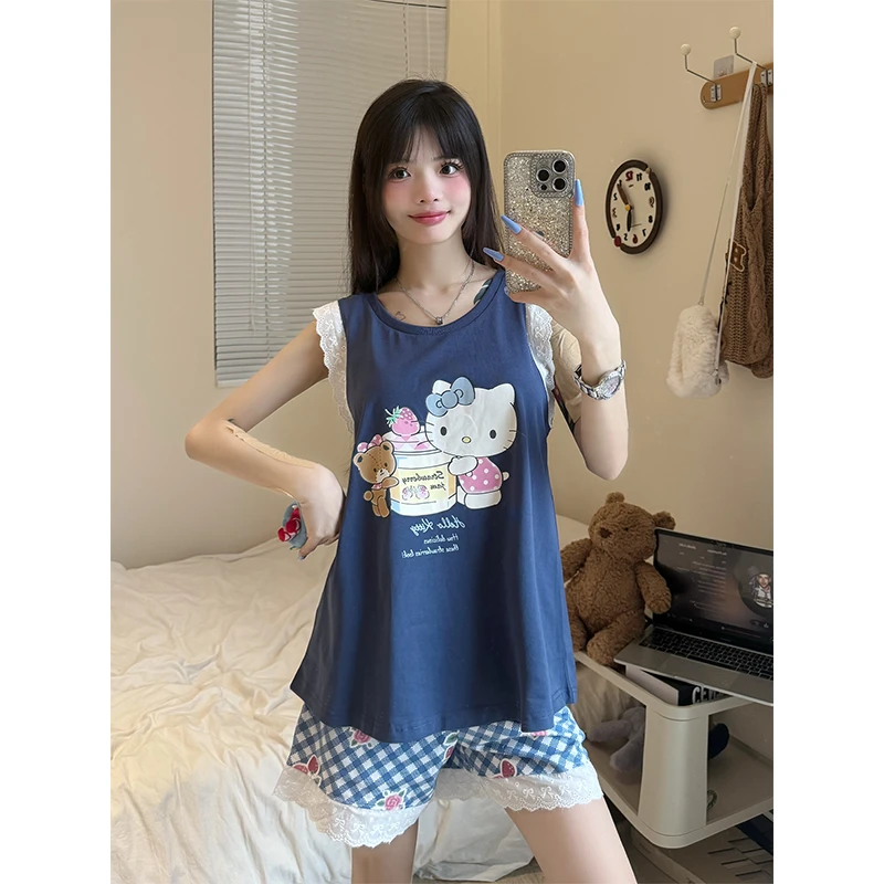 甜美蕾丝花边kitty猫印花无袖睡衣女夏季2025新款纯棉家居服套装