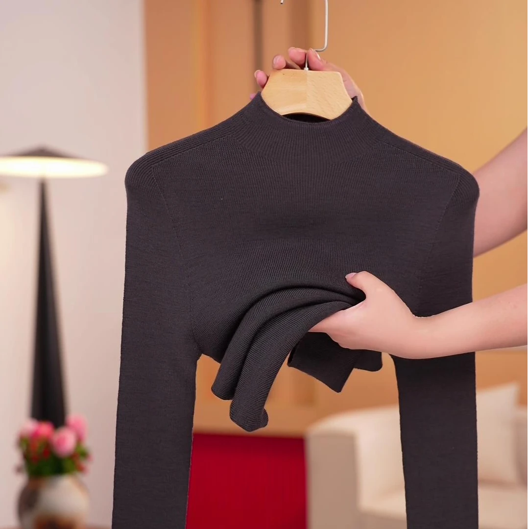 2025秋冬新款100%全羊毛[金标半高领长袖]无缝打底衫女款显瘦百搭