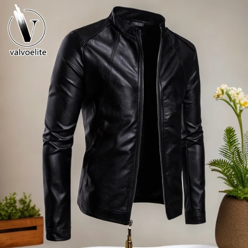 VALVOELITE大尺码休闲修身立领短款皮衣秋季男时尚简约机车皮外套