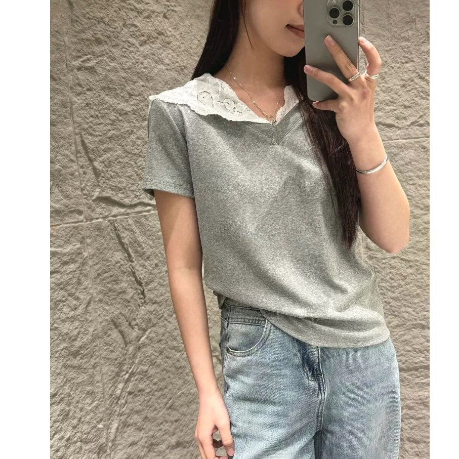 【钰姐精选】靓7027-蕾丝花边V领短袖T恤显瘦设计小众上衣休闲百搭