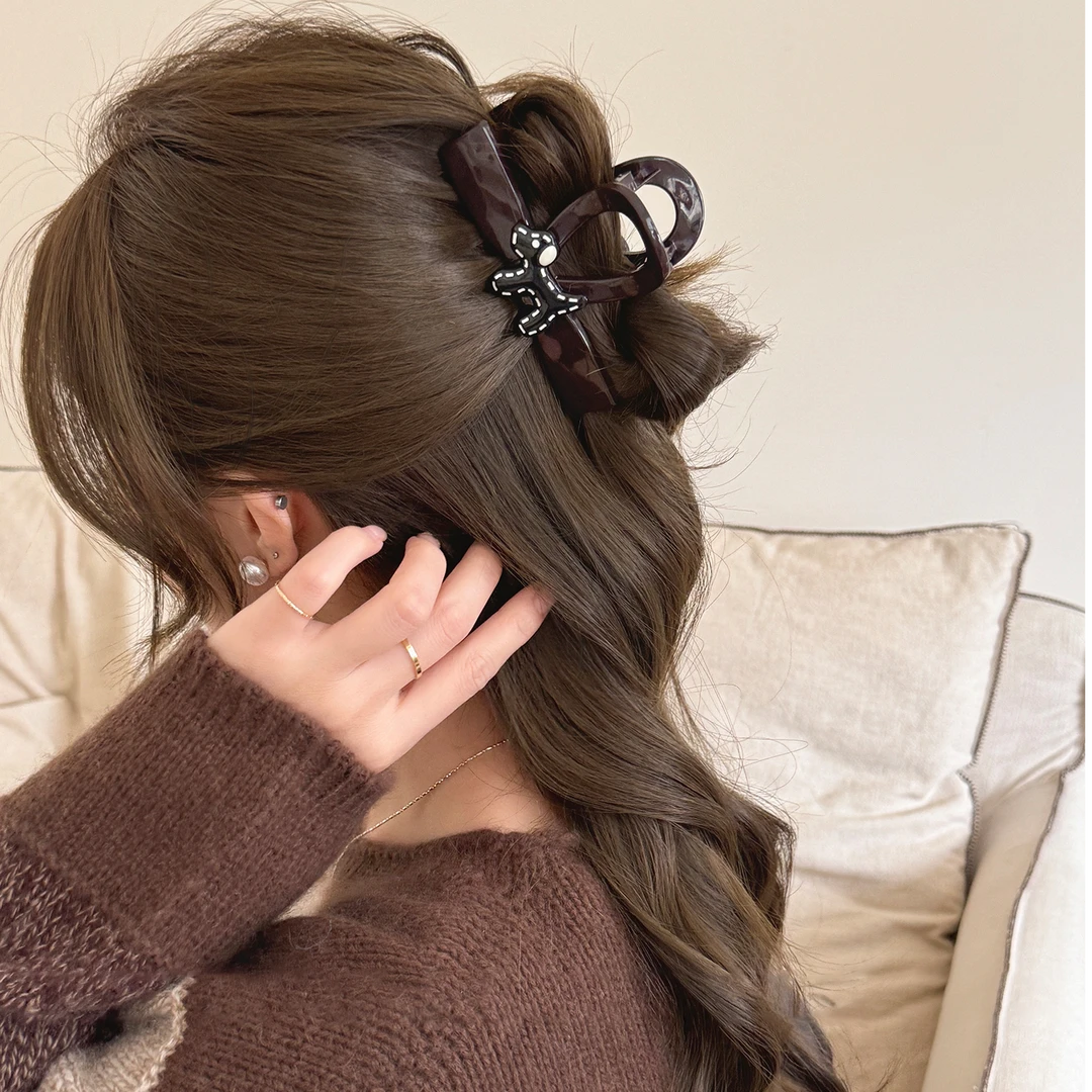 可爱条纹小狗领结抓夹女后脑勺盘发中号鲨鱼夹发量少气质发卡头饰