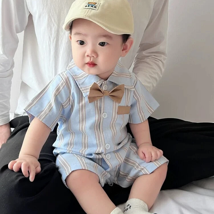 婴儿衣服夏季条纹短袖连体衣男宝宝绅士风哈衣