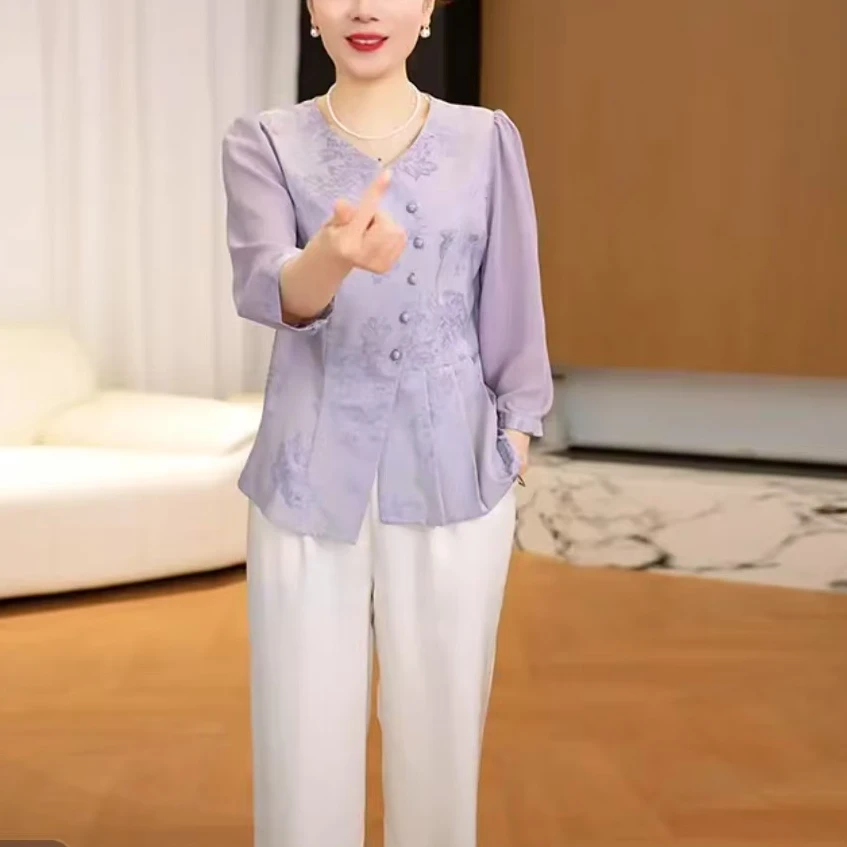 2025新款妈妈装春夏时尚套装洋气中年女装宽松两件套显瘦上衣裤子