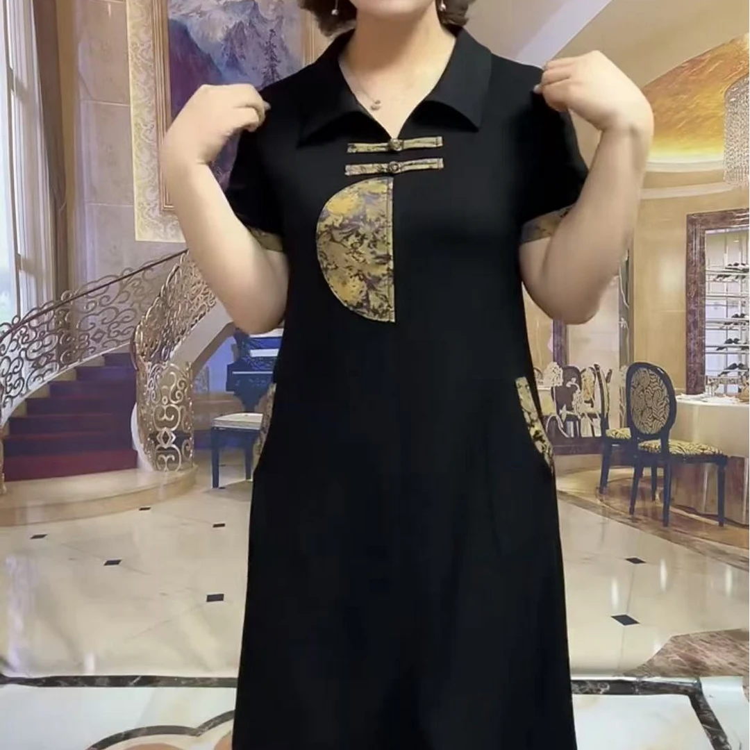 短袖连衣裙女夏中国风盘扣复古宽松腰遮肚显瘦时尚百搭休闲中长裙