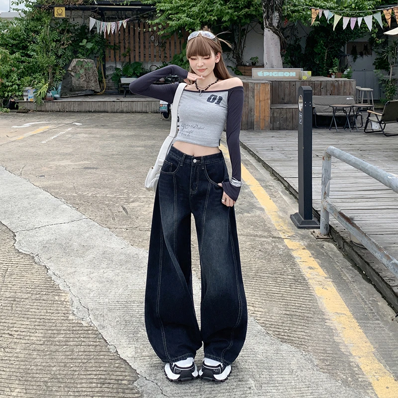 美式复古刺绣阔腿弯刀牛仔裤女2025秋季新款高腰显瘦宽松拖地裤子