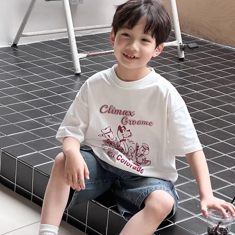 顶瓜瓜卡通慵懒风重磅纯棉短袖t恤男童夏季潮宽松百搭打底衫童装