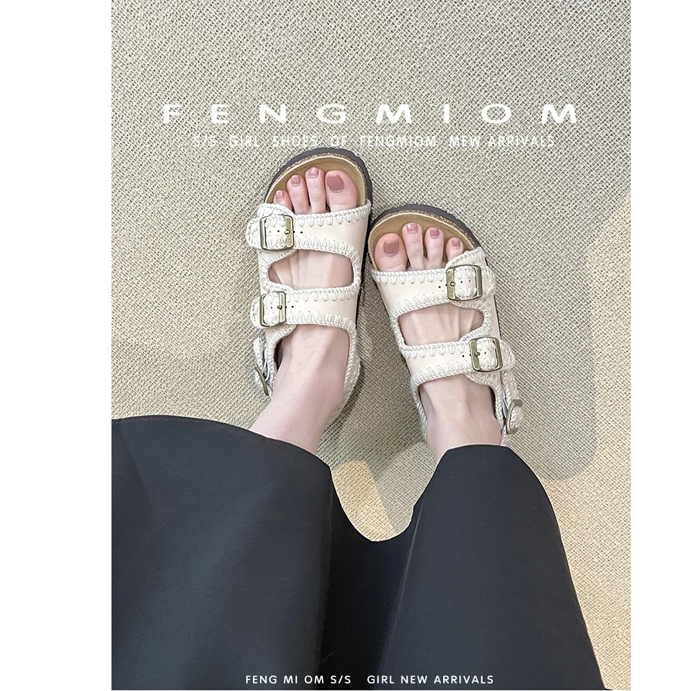 自留版~厚底皮带扣勃肯鞋休闲露趾凉鞋女外穿沙滩度假罗马凉拖鞋
