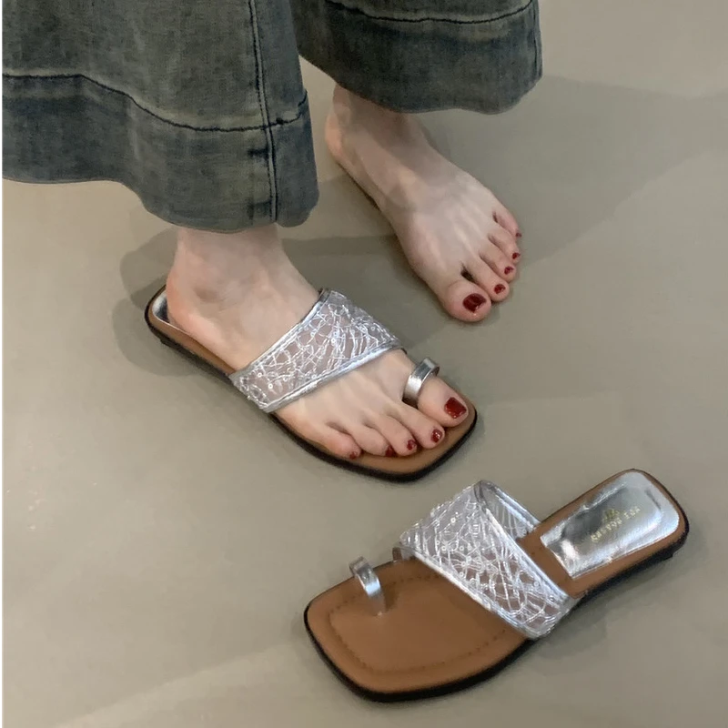 韩菲ALQR-3125-2法式外穿凉拖鞋2025夏季法式蕾丝套趾度假凉鞋女