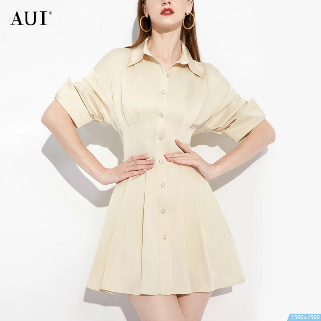 【粉丝专享】AUI杏色御姐衬衫连衣裙女POLO中长裙XX-23C012134