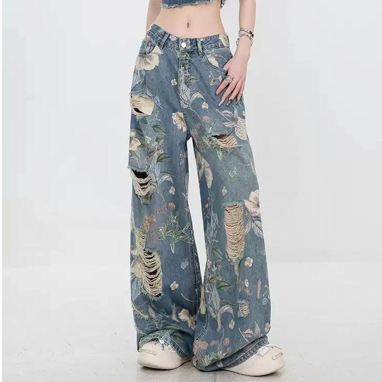 春夏新品印花破洞牛仔裤女百搭高腰显瘦阔腿拖地长裤子潮女款