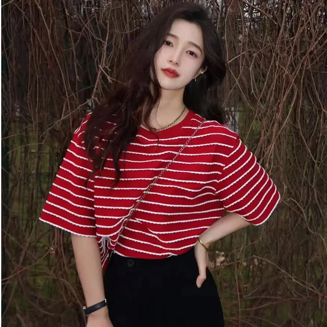 【专柜品质】夏季新款休闲宽松经典条纹短款短袖T恤女1300790