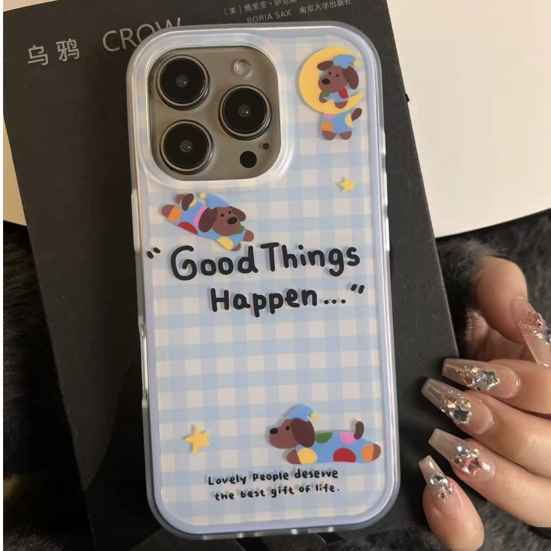 蓝格纹腊肠狗适用苹果/华为/小米/VIVO/OPPO/IQOO/真我防摔手机壳