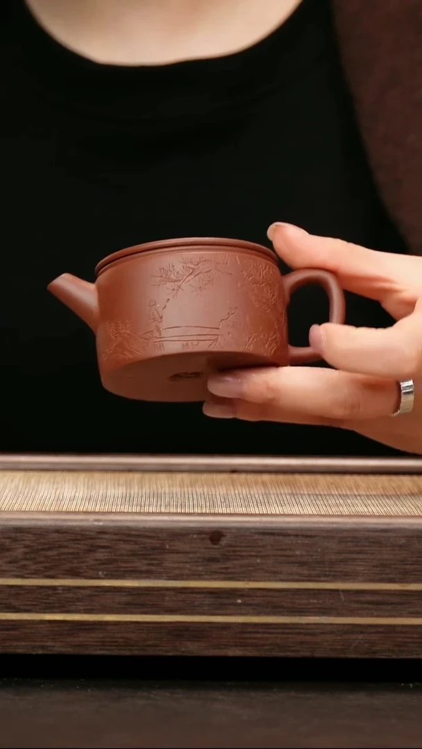 茶壶紫砂紫泥  汉瓦  刻绘款