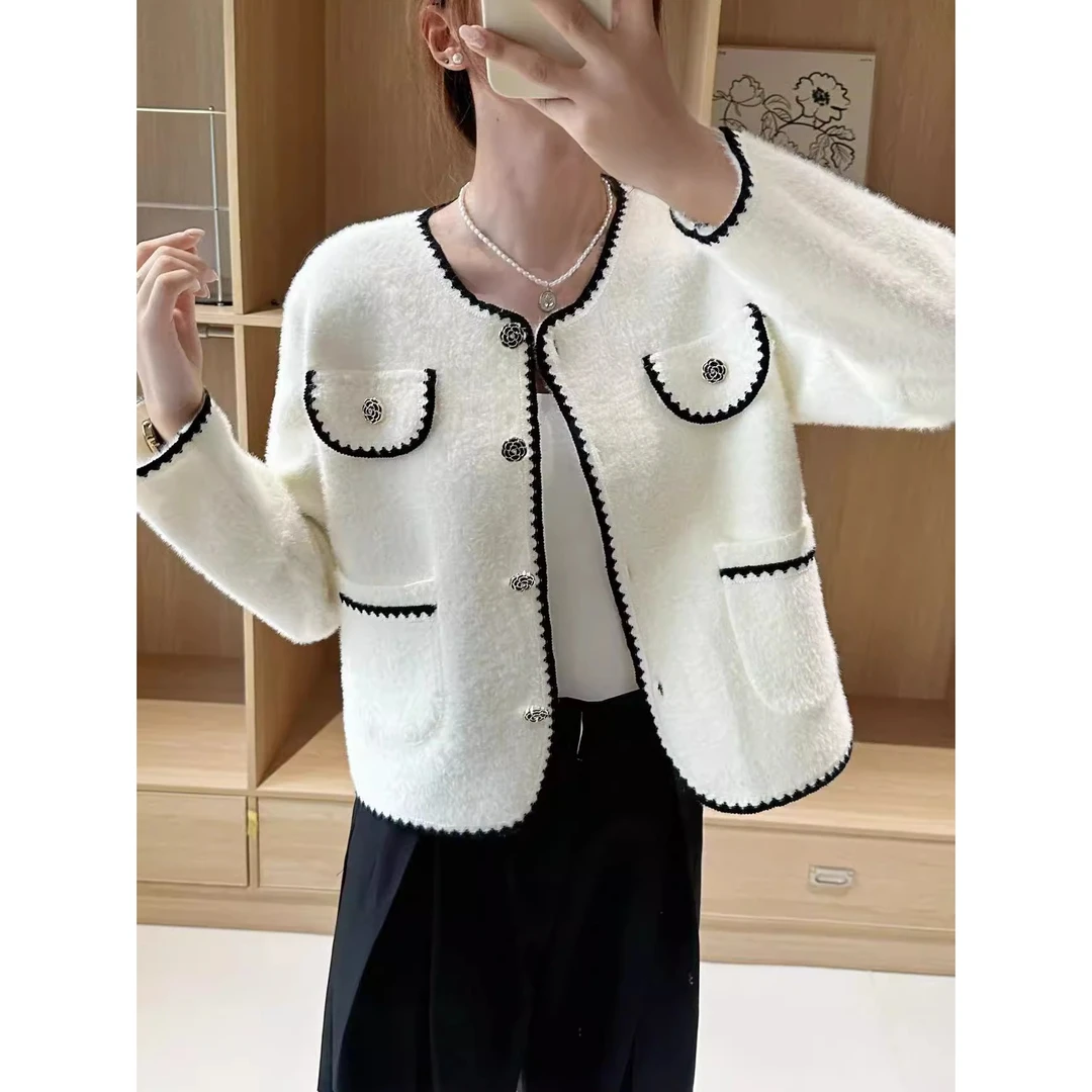 2288-小香风仿水貂绒外套新款花边珍珠扣针织开衫韩版宽松外搭