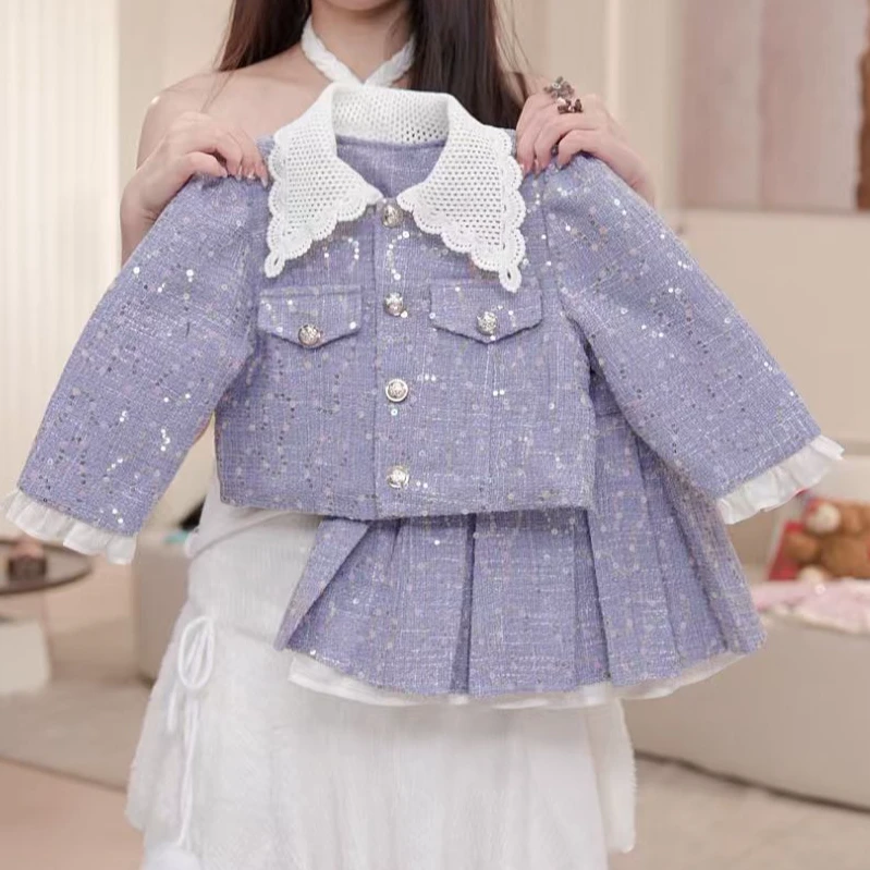 【紫星】女童秋冬加绒外套加厚百褶裙两件套套装休闲裙女孩D17679