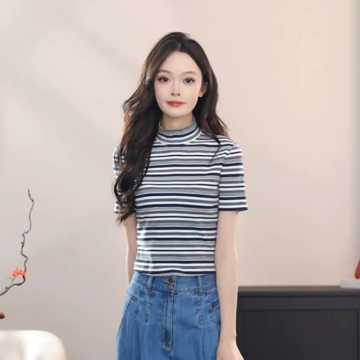 阿玛施 AMASS 新款时尚百搭修身烟管领夏季休闲条纹T恤5301006