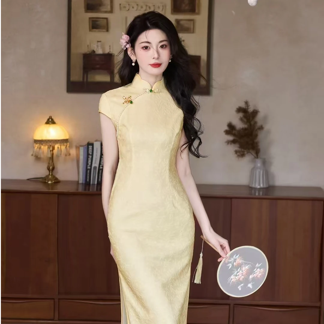 奶黄色单层弹力棉新中式改良修身显瘦时尚气质连衣裙长款