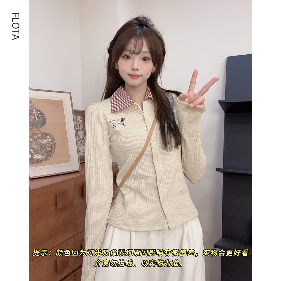 【flota】温柔感小众风POLO领针织开衫小狗显瘦百搭针织上衣2304