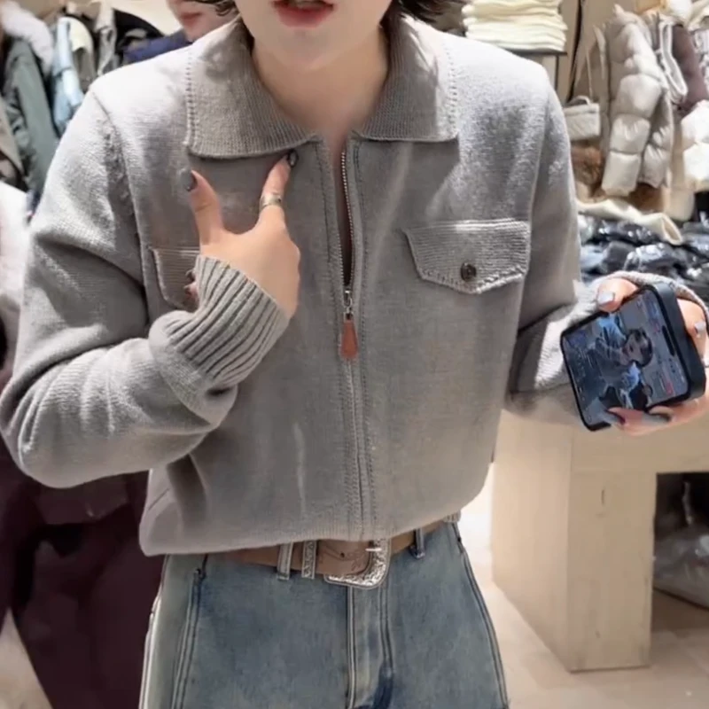 冬季时尚韩系百搭气质翻领双假口袋针织开衫LK2508691